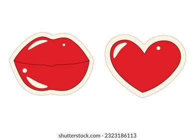 Conjunto de 2 pegatinas de arte pop retro de labios y corazón en tonos vivos y a la moda. Día de San Valentín. Vector. EPS
