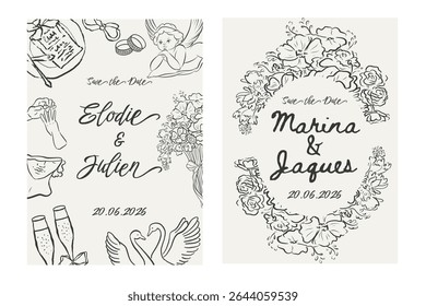 Conjunto de 2 convites de casamento romântico: um com cupido, buquê, cisnes e champanhe, segundo com quadro floral de luxo. Elegante e decorativa suíte de casamento. Ilustração vetorial.