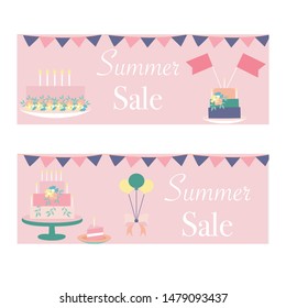 Set of 2 sale. banner with pastel cakes and flowers.  Vector elements,perfect to use on your summer sale promotions