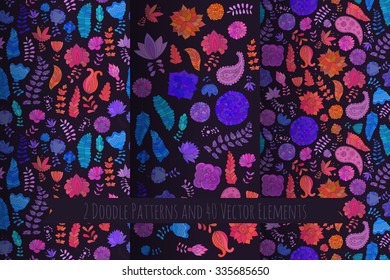 Set of 2 seamless backgrounds and flower decorative elements in vector. Rainbow floral doodle patterns