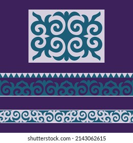 Set of 2 seamless border and vector ornamental elements with motifs of Kazakh, Kyrgyz, Uzbek, national Asian decor for borders, textile, plate, tile, and print design. Workpiece for your design.