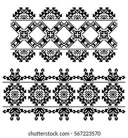 Set of 2 seamless borders in american indian style. Embroidery dotted schemes. Pixel navajo backgrounds. Textile geo prints. Beading chevron design