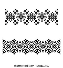 Set of 2 seamless borders in american indian style. Embroidery dotted schemes. Pixel navajo backgrounds. Textile geo prints. Beading chevron design Tel kirma technique.