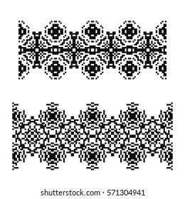 Set of 2 seamless borders in american indian style. Embroidery dotted schemes. Pixel navajo backgrounds. Textile geo prints. Beading chevron design. Tel kirma technique.
