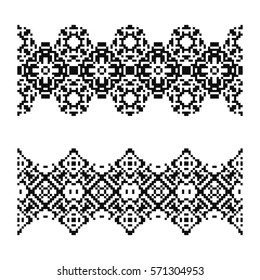 Set of 2 seamless borders in american indian style. Embroidery dotted schemes. Pixel navajo backgrounds. Textile geo prints. Beading chevron design. Tel kirma technique.
