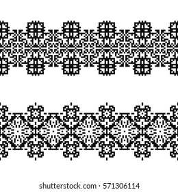Set of 2 seamless borders in american indian style. Embroidery dotted schemes. Pixel navajo backgrounds. Textile geo prints. Beading chevron design. Tattoo belt. Tel kirma technique.