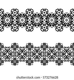 Set of 2 seamless borders in american indian style. Embroidery dotted schemes. Pixel navajo backgrounds. Textile geo prints. Beading chevron design. Tattoo belt. Tel kirma technique.
