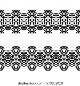 Set of 2 seamless borders in american indian style. Embroidery dotted schemes. Pixel navajo backgrounds. Textile geo prints. Beading chevron design. Tattoo belt. Tel kirma technique.