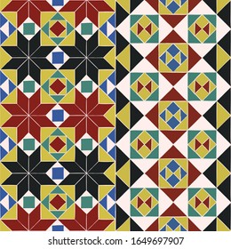 Set of 2 seamless borders with geometric ornament. Colorful rhombus and square shapes in bysantine style. Vector endless texture for digital paper, fabric, backdrop or wrapping