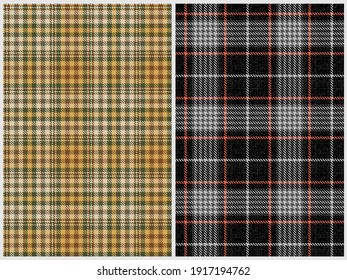 set of 2 seamless fabric textures for gingham, tartan, plaid, dresses, shirts, bedding. Pale green and brown on beige and white red on black