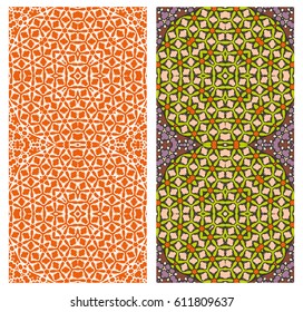 Set of 2 seamless geometric line patterns, border collection with hand drawn texture. Vector patchwork quilt ornament. Colorful vertical backgrounds for banners, invitation cards, textile, paper print
