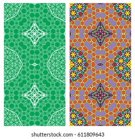 Set of 2 seamless geometric line patterns, border collection with hand drawn texture. Vector patchwork quilt ornament. Colorful vertical backgrounds for banners, invitation cards, textile, paper print