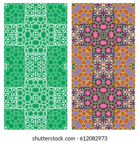 Set of 2 seamless geometric line patterns, border collection with hand drawn texture. Vector patchwork quilt ornament. Colorful vertical backgrounds for banners, invitation cards, textile, paper print