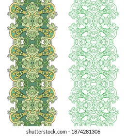Set of 2 seamless ornate lace borders with repeating texture. Tribal ethnic decorative frame ornament, vector geometric floral patterns collection