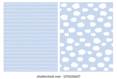 Set of 2 Seamless Pattern with White Abstract Fluffy Clouds and Lines with Loops Isolated on a Blue Background. Lovely Hand Drawn Cloudy Sky Design. Infantile Style Irregular White Lines on a Blue.