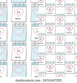 Set of 2 seamless patterns with calendar page and date 14 February and 14 March. Background. Texture