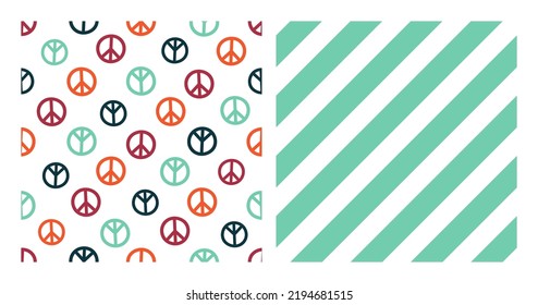 Set of 2 seamless patterns with colorful peace signs and blue stripes.