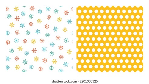 Set of 2 seamless patterns with colorful snowflakes and white dots.