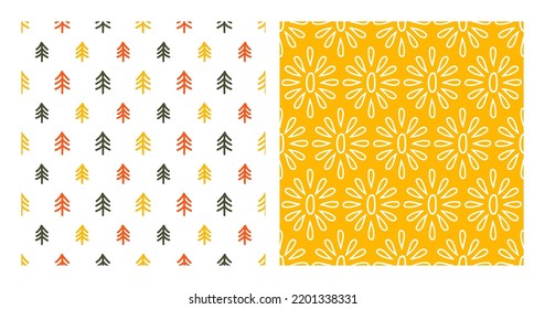 Set of 2 seamless patterns with colorful trees and white abstract flower.
