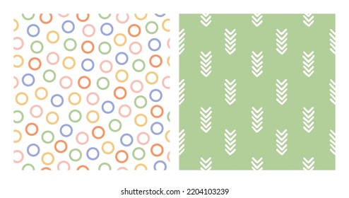 Set of 2 seamless patterns with colorful rings and white groups of arrows.