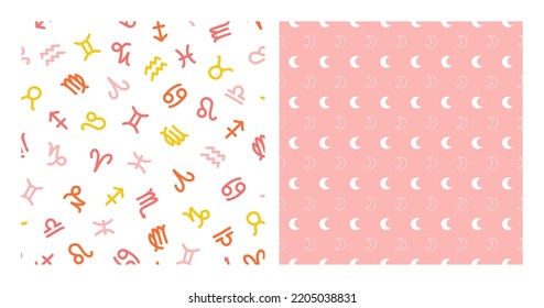 Set of 2 seamless patterns with colorful zodiac signs and white moon.