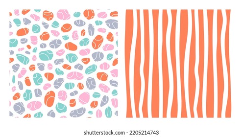 Conjunto de 2 patrones impecables con guijarros coloridos y líneas onduladas verticales blancas.