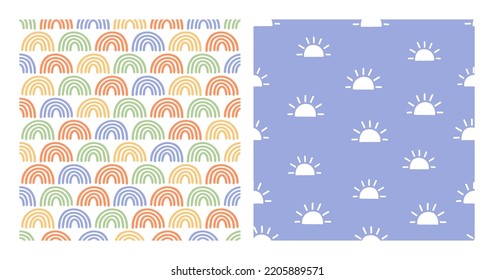 Conjunto de 2 patrones impecables con arcos de lluvia coloridos y con sol puesta de sol.