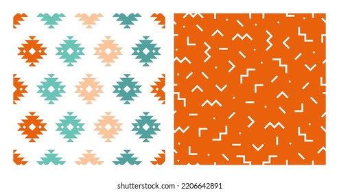 Set of 2 seamless patterns with colorful kilim design and with white memphis design.