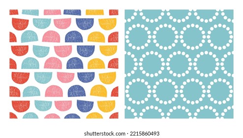 Set of 2 seamless patterns with colorful textured semi circle and white dotted circle.