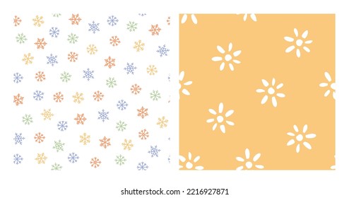 Set of 2 seamless patterns with colorful snowflakes and white flowers.