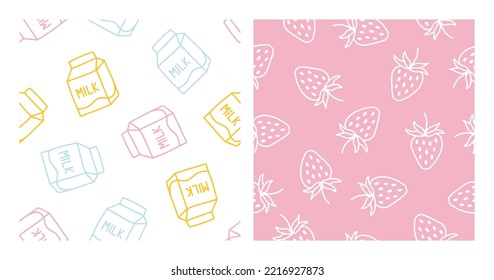 Set of 2 seamless patterns with colorful milk box and white outline strawberries.