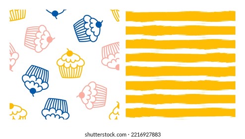 Set of 2 seamless patterns with colorful outline cupcakes and white handdrawn horizontal lines.