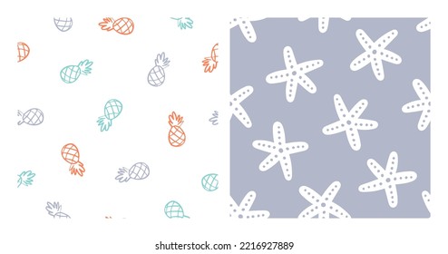 2 nahtlose Muster mit bunten, kleinen Ananas und weißen Seestern.