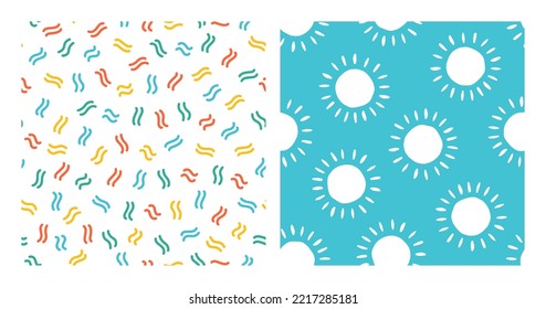 Conjunto de 2 patrones impecables con líneas diminutas de colores y sol blanco.