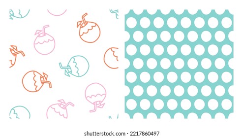 Set of 2 seamless patterns with colorful coconut drink and white circles.