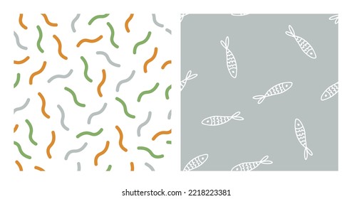 Set of 2 seamless patterns with colorful wavy lines and white outline fish.