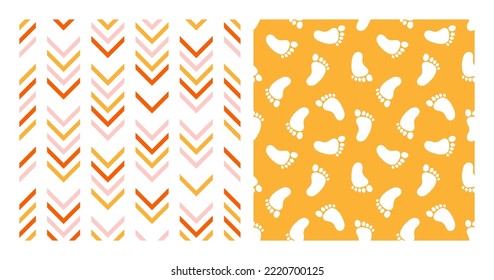 Set of 2 seamless patterns with colorful chevron and white feet.