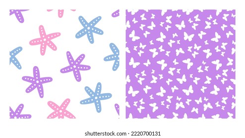 Set of 2 seamless patterns with colorful starfish and white butterfly.