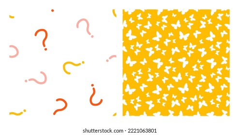 Set of 2 seamless patterns with colorful question mark and white butterlfies.