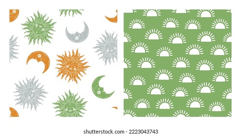 Set of 2 seamless patterns with colorful sunt and moon and white suns.