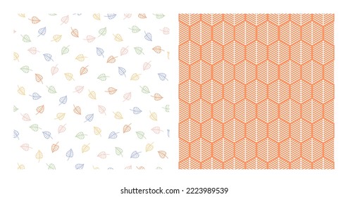 Set of 2 seamless patterns with colorful small leaves and white geometric trees.