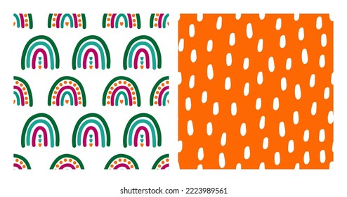 Set of 2 seamless patterns with colorful rainbows and white spots.