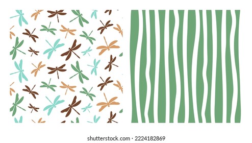 Set of 2 seamless patterns with colorful dragonflies and white wavy lines.