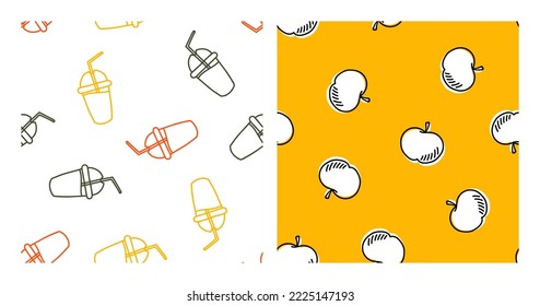 Set of 2 seamless patterns with colorful drink and white apples.