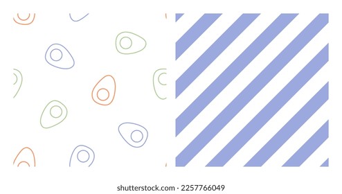 Conjunto de 2 patrones impecables con huevos revueltos en contorno colorido y rayas oblicuas blancas.