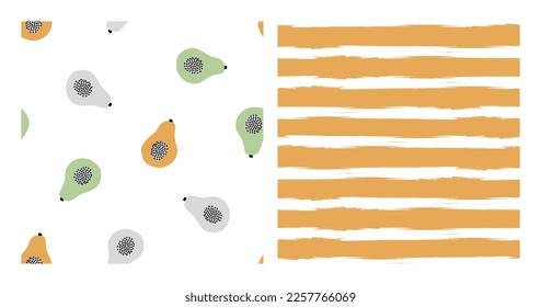 Set of 2 seamless patterns with colorful papaya and white horizontal handdrawn lines.