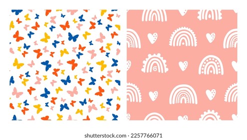 Set of 2 seamless patterns with colorful butterflies  and white rainbows and hearts.