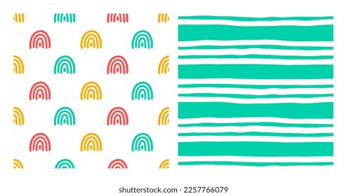 Set of 2 seamless patterns with colorful rainbow and white horizontal handdrawn stripes.