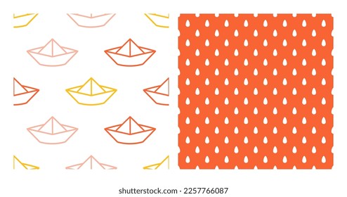Set of 2 seamless patterns with colorful origami boats and white raindrops.