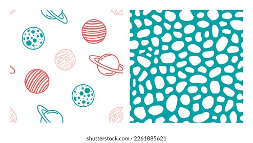 Set of 2 seamless patterns with colorful planets and white pebbles